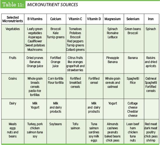 Micronutrient Sources table from the TrueSport nutrition guide.