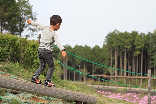 Young asian boy balancing on a log outside.