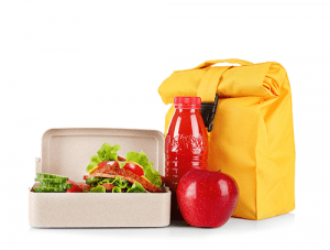 yellow lunch bag and red bottle