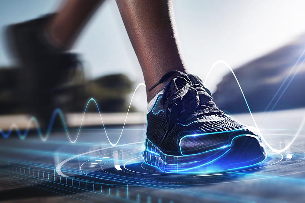 Close up of athletic shoe with holographic design imagery.