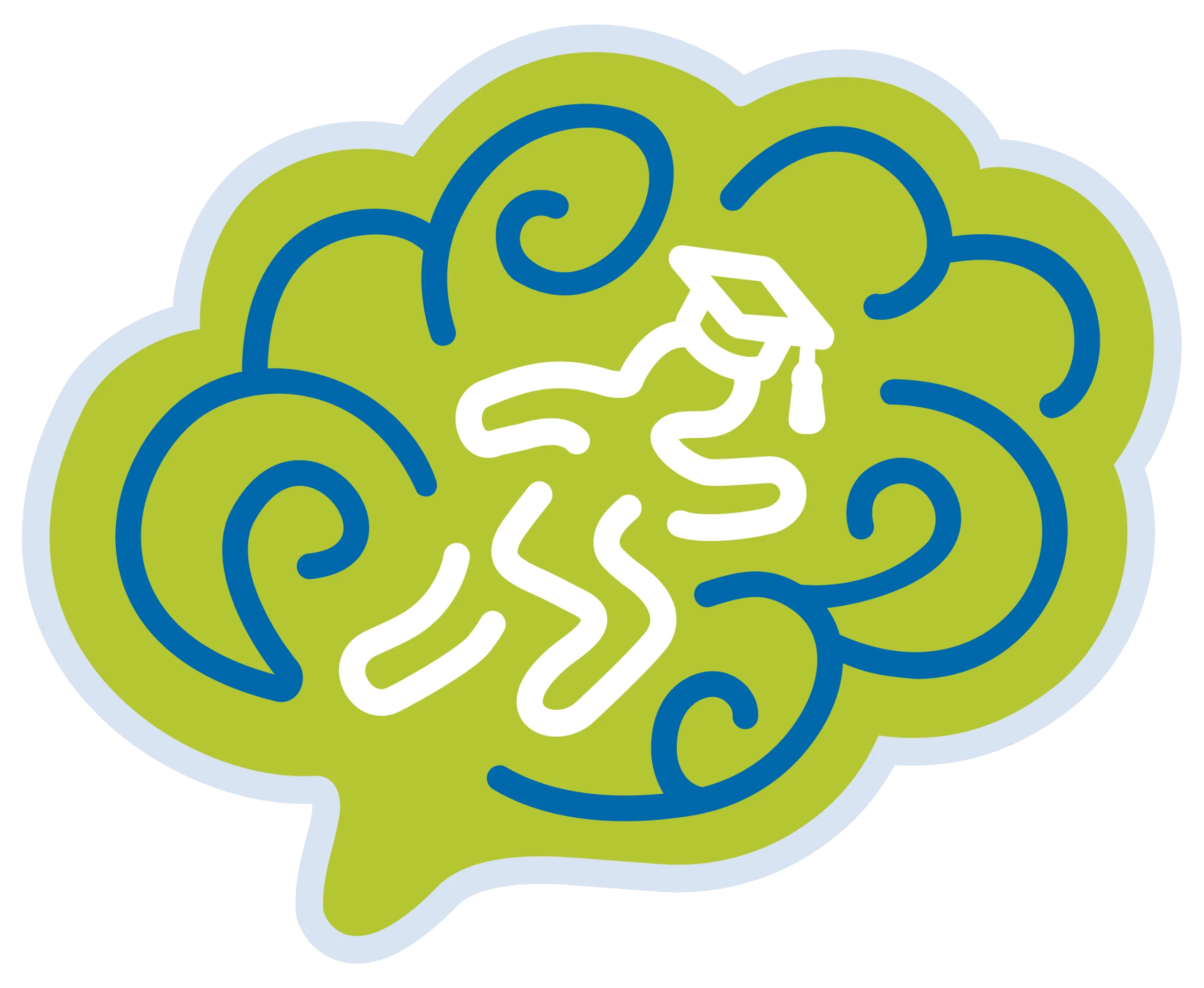 Running person icon with a graduation cap inside brain logo.