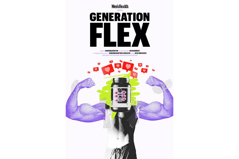 MensHealth Generation Flex documentary poster featuring flexing arms with a supplement bottled instead of a head.