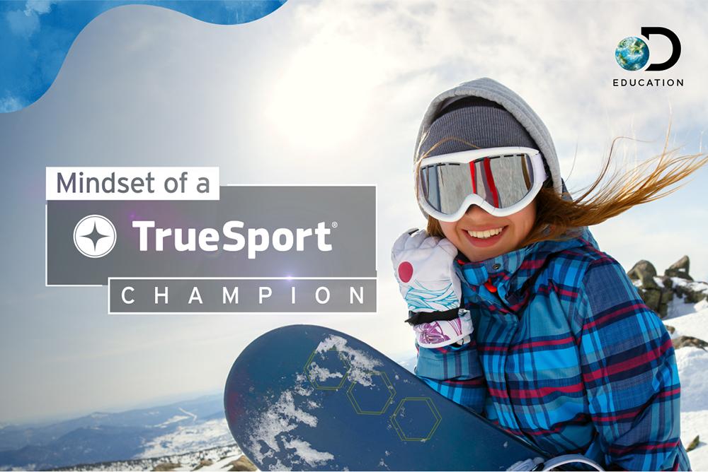 girl with snowboard with words mindset of a truesport champion
