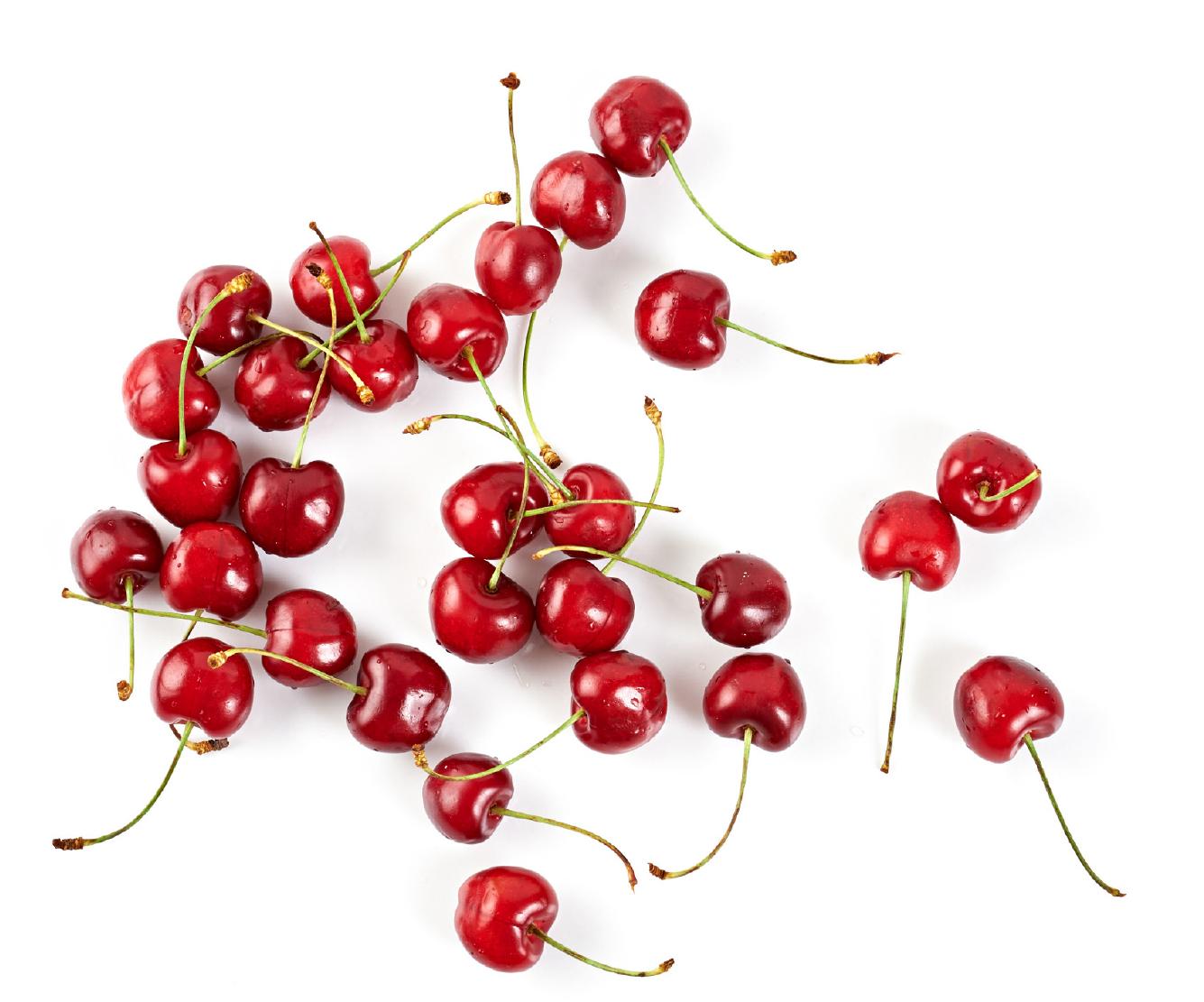 Tart cherries on a white background.