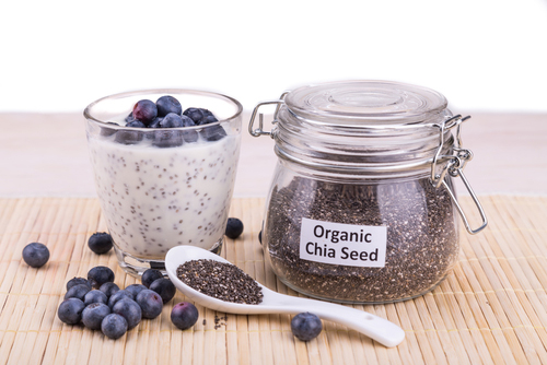 Chia seed pudding with blueberries.