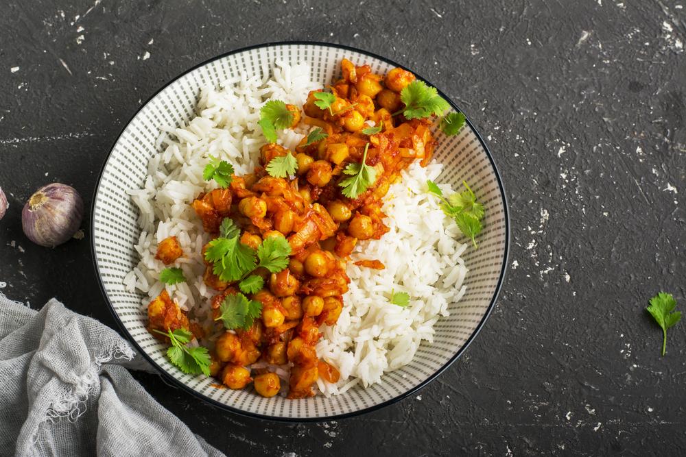 Chickpea curry over white rice.