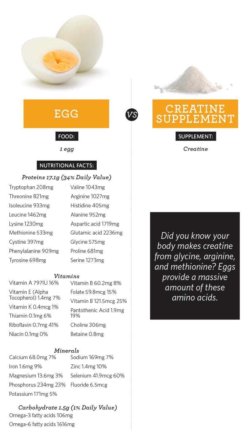 Chart representing the nutritional benefits of an egg versus a creatine supplement.
