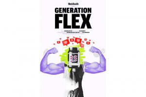 MensHealth Generation Flex documentary poster featuring flexing arms with a supplement bottled instead of a head.