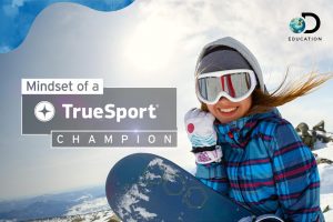 girl with snowboard with words mindset of a truesport champion