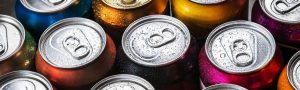 above view of different colored beverage cans