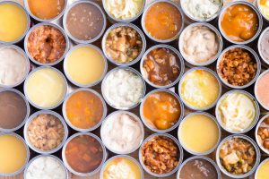 Overview of open cans of soup.