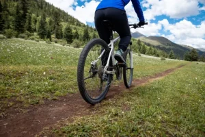 A person riding a mountain bike in the moutains.