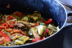 Close up of ratatouille in a pot.