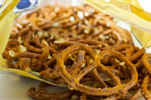 Close up of the inside of a bag of pretzels.