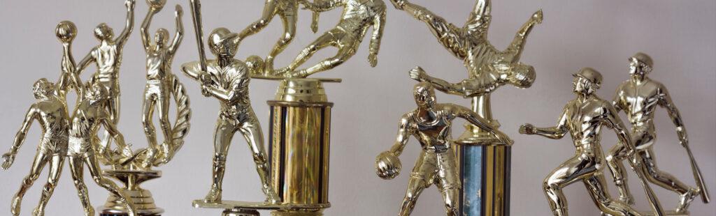 A variety of sports trophies.