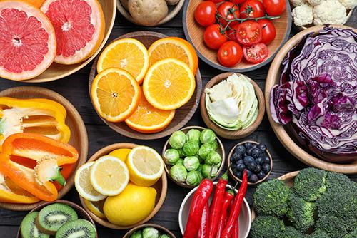 Vasty array of fruits and vegetables.