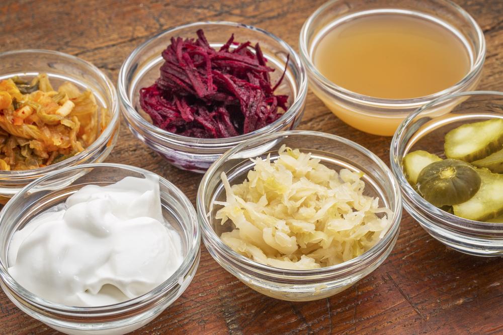 Small bowls of probiotic rich foods.