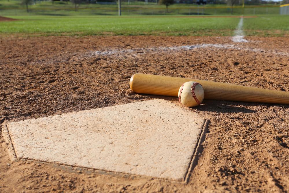 Home plate with a baseball and baseball bat.