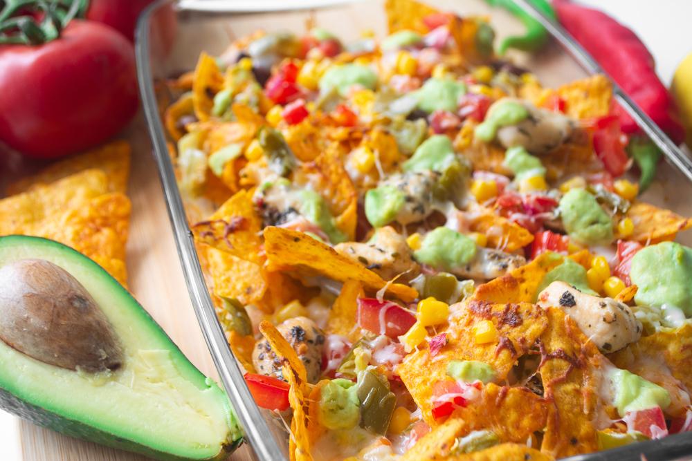 Nachos on an oven pan.