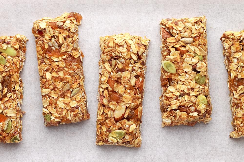 Granola bars on a white table.