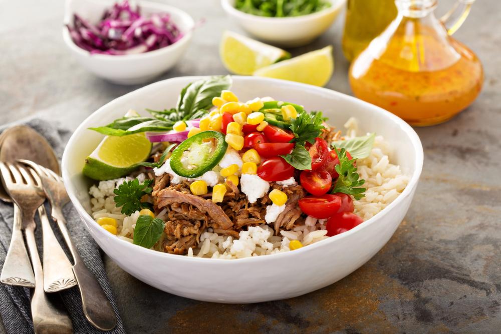 Rice bowl with protein and veggies.