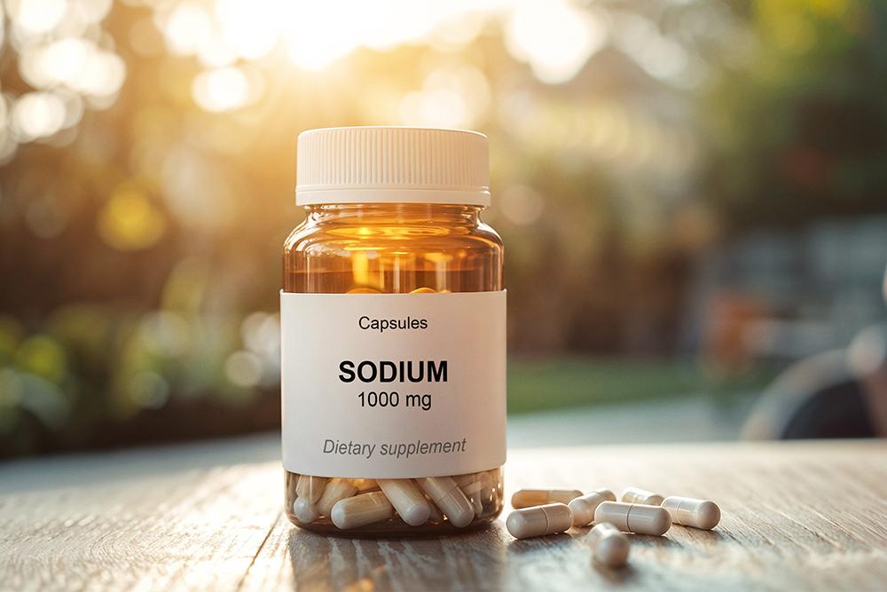 Sodium supplement bottle on a table outdoors.